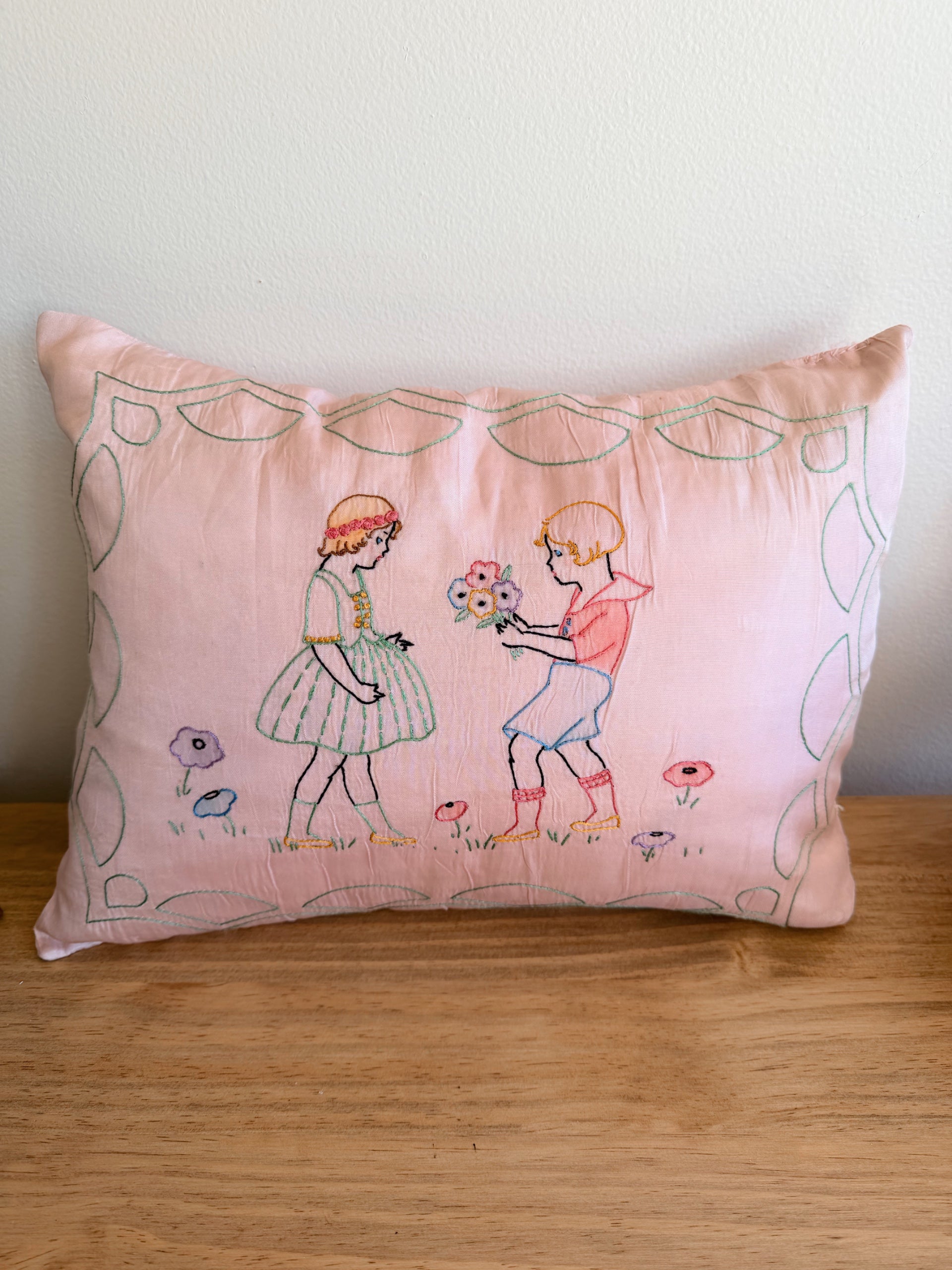 Vintage Hand Embroidered Pink Pillow