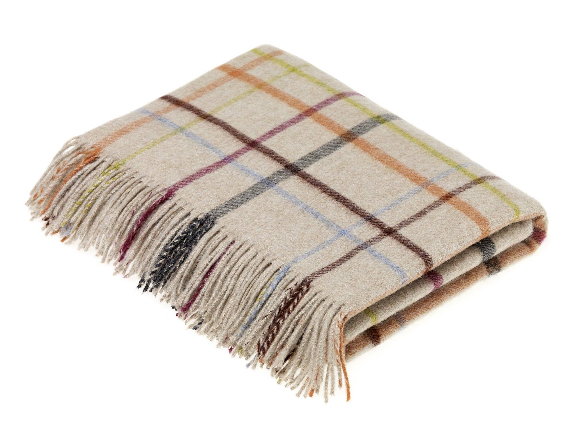 Bronte by Moon - Lambswool - Windowpane Rainbow Throw Beige, Made in England
